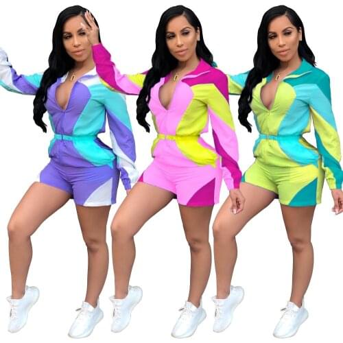 Women new summer zipper up colorful splicing long sleeve short jumpsuit sporty casual playsuit romper outfit 3 color DAJ4060