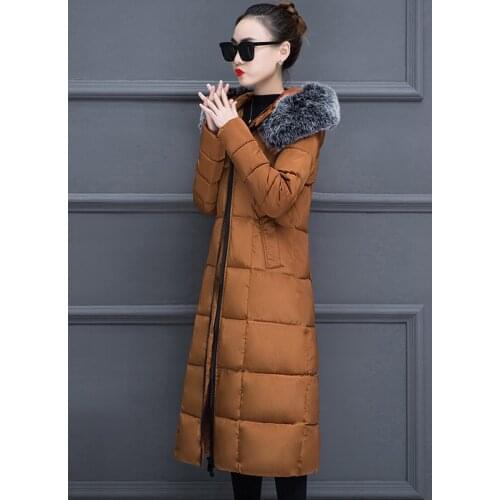 2021winter solid hooded slim office ladies with fur collar coats kurtka damska oversized x-long jacket for women thick parkas
