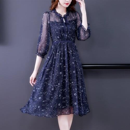 2021 Casual Blue Chiffon 3XL Plus Size Dress Summer Vintage Print Mulberry Silk Midi Dress Women Elegant Bodycon Party Vestidos