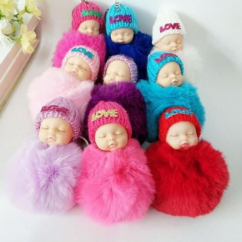 4pcs Cute Sleeping Newborn Dolls Plush Keychain Toys Fluffy Fur Ball Stuffed Key Chain Sleep Baby Keyrings Keyholder for Kids
