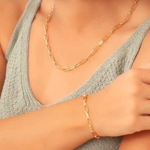 6mm Paper Clips Dainty Rectangle Oval Link Chain Necklace Choker Flat Paperclip Necklace Bracelet Jewelry Sets for Women Girls