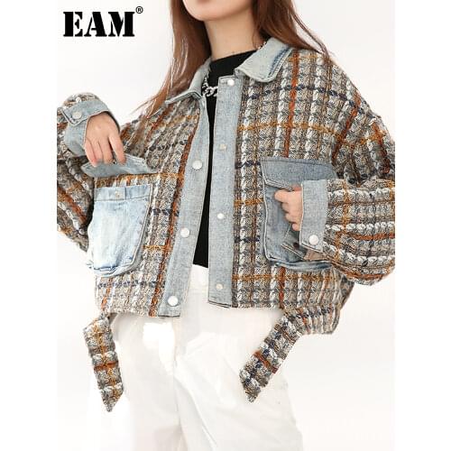 [EAM] Tweed Denim Plaid Short Cotton-padded Coat Long Sleeve Loose Fit Women Parkas Fashion New Autumn Winter 2021 1Z82205