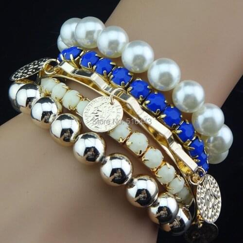 Hot Sale New Arrival 5pcs White Pearl Blue Acrylic Gold Plated Mix Fashion Women Bangles Bracelets Wholesale Jewelry Lots A1026