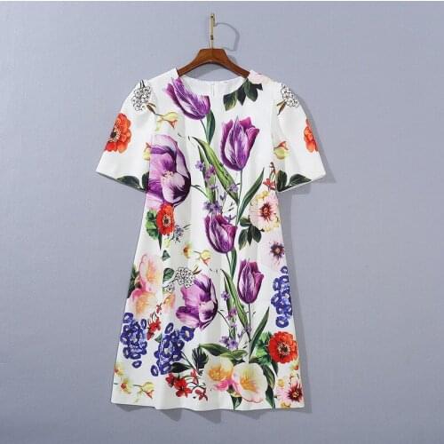 And American womens European wear 2021 winter new style With short sleeves Round collar Tulip print fashion dress