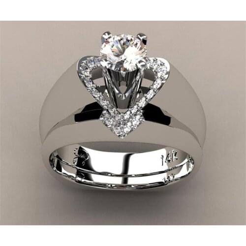 Dainty Female Love Heart Crystal Ring Set Charm Silver Color Wedding Rings For Women Luxury White Round Zircon Engagement Ring