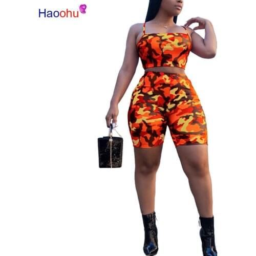 HAOOHU Camo Two Piece Set Sweatsuits Crop Tops+Shorts Matching Suit Summer Outfits Camouflage Sexy 2 Piece Set Tracksuit Women