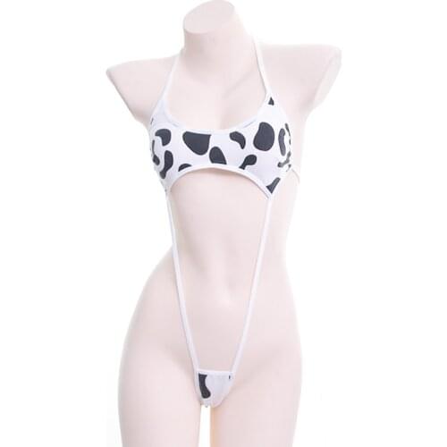 Kawaii Black White Cow Print Mini Backless One Piece Bikini Jumpsuit Erotic Sex Costumes Bodysuit for Women Sexy Lingerie Teddy