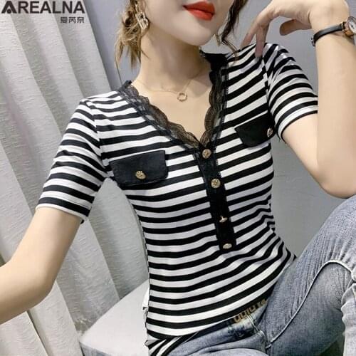 Summer T shirt Women Korean V-Neck short sleeve stripe tee shirt femme lace Buttons sexy Tshirt Camisetas Verano Mujer 2021 new