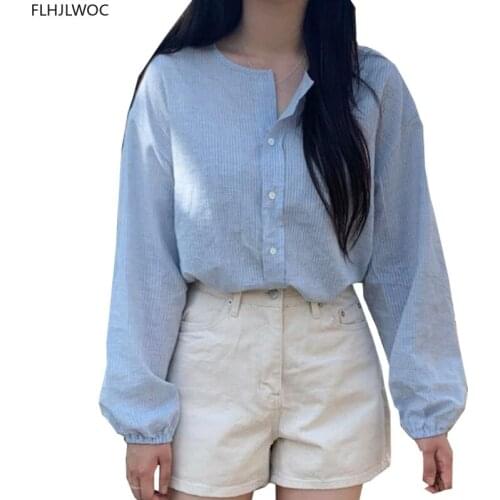 Lantern Sleeve Cute Tops Fall Autumn Blue Striped Long Sleeve Single-Breasted Button Shirts Preppy Style Women Top Blusas