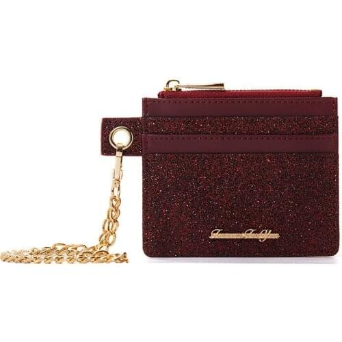 Card Package Mini Women Leather Credit ID Card Holders Zipper Wallet Case Change Coin Purse Sequins Chain Wrist Zipper Coin Bags