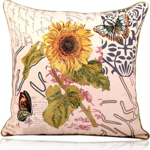 Chinese Style 100% Cotton Embroidery Cushion Cover Home Decor Sunflower and Chrysanthemum Pillowcase Throw Pillow Case for Sofa