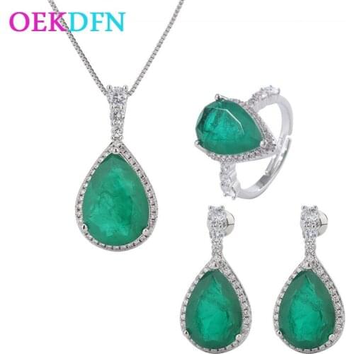 OEKDFN 925 Sterling Silver Pear Emerald Gemstone Earrings/Necklace/Ring Wedding Engagement Jewelry Set Anniversary Gift Women