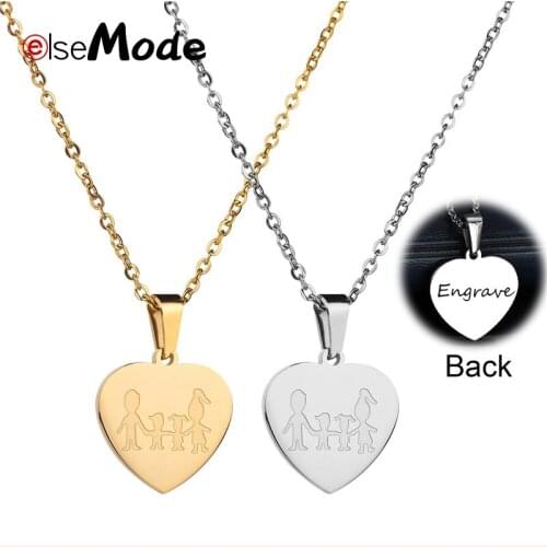 ELSEMODE Dad Daughter Son Mom Family Pendant Necklace Stainless Steel Personalised Engraved Heart Necklaces For Jewelry Gift