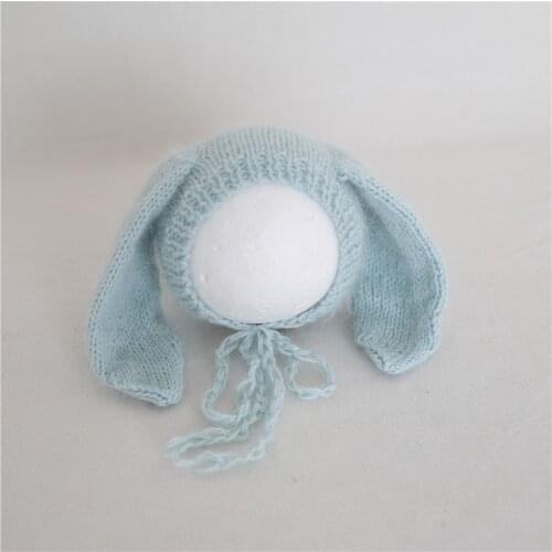 Pastel Blue Angora Newborn Rabbit Bunny Hat Knitted Easter Bunny Bonnet Vintage Baby Animal Cap Infant Beanie Photography Props