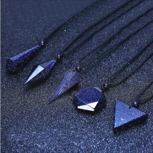 Natural Jade Geometry Pendant Blue Sandstone Necklace Fashion Charm Jewelry Carved Amulet Gifts for Women Men