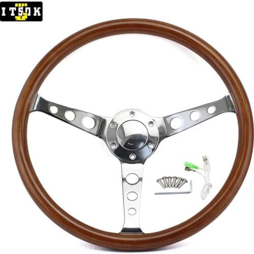 ITSOK 15 Inch Wood Steering Wheel Classic Universal Wooden Rim 380mm Chrome Spoke Real Vintage Volante De Madera 15" For Cars
