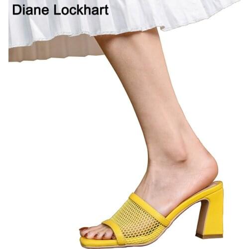 Sexy PU Square head Peep Toe High Heel Mesh Slippers Summer Fashion Slip On Square Heels Outdoor Casual Slides Women Dress Party