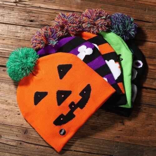 LED Halloween Hats Knitted Wool Cap Decoration Skeleton Ghost Pumpkin Cap Light Up Knitted Hat for Kid Adult for Party Supplies