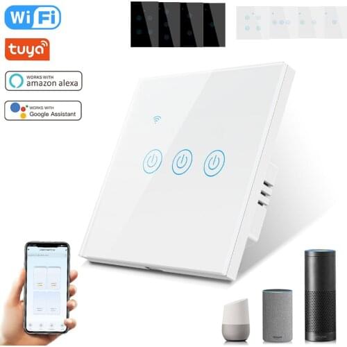 1 2 3 4 Gang Tuya Wifi Smart Touch Switch EU UK US Wall Light Switches Panel Glass Voice Control Timing No Neutral Wire Required