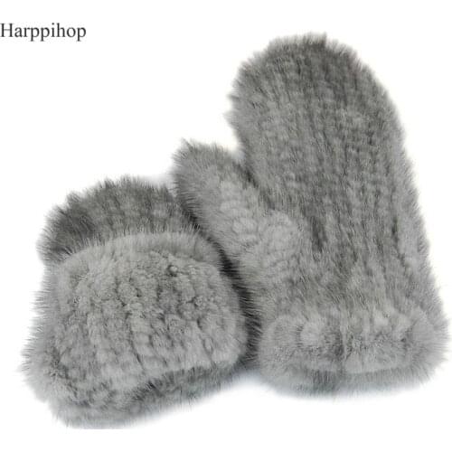 Harppihop Fur The latest super-elastic imported mink gloves warm winter mittens Halter female mink knit gloves cute mittens