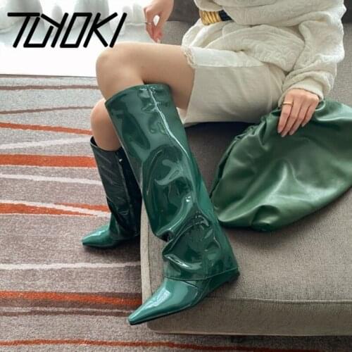 Tuyoki Size 33-42 Women Long Boots Real Leather Wedges Women Winter Shoes Fashion Sexy Party Knee High Boots Women Footwear