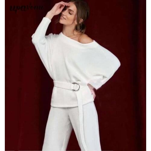 Free Shipping 2021 Womens Loose Knit Straight Pants Set O-Neck Bat Long Sleeve Pullover Sweater&Belt&Pants Casual Two-Piece Set