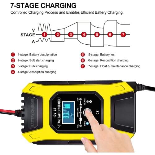 FOXSUR 7A 12V ATV Motorcycle Car Pulse Repair Charger, 7-Stage Smart Battery Charger LCD display, Lead Acid Battery Charger