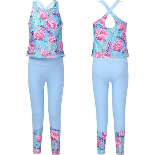 Kids Girls Child Ballet Dancewear Workout Gymnastics Outfits Sport Tank Tops with Pants Leggings Set Summer Dance Class Outfits