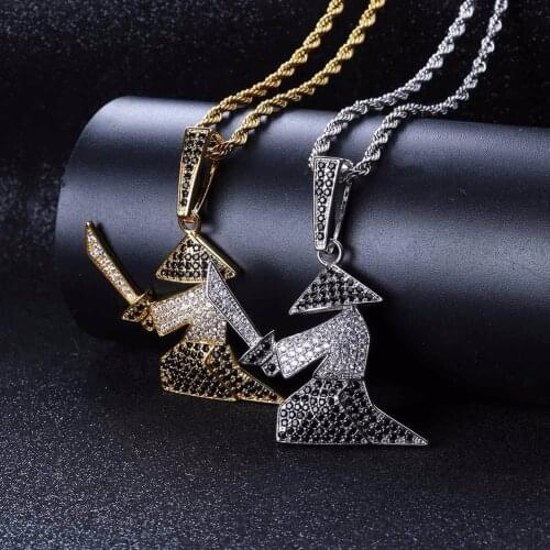 Micro Paved CZ Rhinestone Bling Ice Out Hats Samurai Oriental Warrior Pendants Necklaces for Men Hip Hop Rapper Jewelry