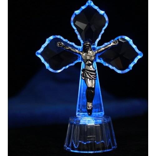 Religion Style LED Christian Jesus Crystal Cross Ornaments Figurines Miniatures