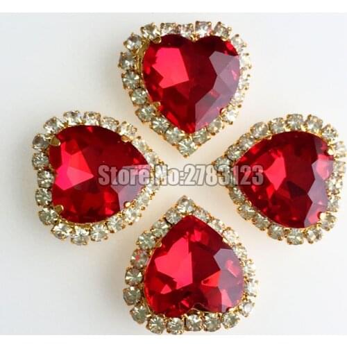Brigh red 12mm 10pcs/20pcs high quality heart Glass Crystal buckle, gold base sew on rhinestones,diy/clothing accessories SKHJ08