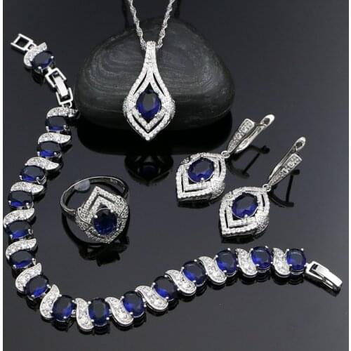 925 Silver Jewelry Kit For Women Bridal Accessories Blue Cubic Zirconia Earrings Pendant Necklace Ring Bracelet Set