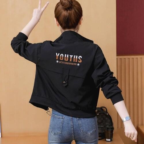 2021 Fashion Autumn Women Bomber Jacket Embroidery Baseball Coats Long Sleeve Female Short Basic Jackets Black Outerwear Clothes