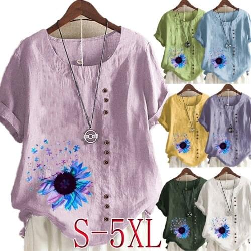 Summer Casual Floral Print Loose T-shirts Vintage Cotton and linen O-Neck Plus Size Short Sleeve Blouse Tops For Women S-5XL