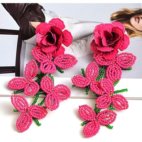 Fashion Beads Pendant Earrings Bohemian Womens Handmade Pink Large Flower Beaded Drop Earrings Ethnic Jewelry Girl