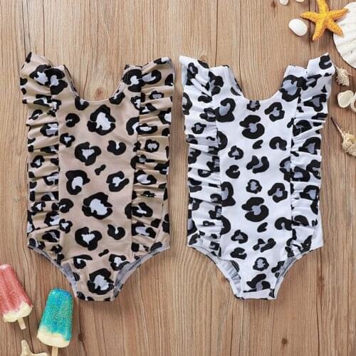 New Girls Sleeveless Swimsuit Leopard Printed Pattern Pleated Swimming Bodysuit White/ Khaki for Summer