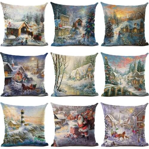 New Christmas Gift Cushion Cover White Snow Town Pattern Pillow Cover Chair Seat Soft Square Decorative Cotton Linen Pillow Case