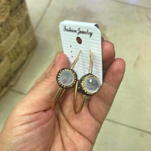 Faceted White Clear Crystal Stone Charm Pave Black & Golden Rhinestone Beads Charm Big Loop Hoop Earrings For Women