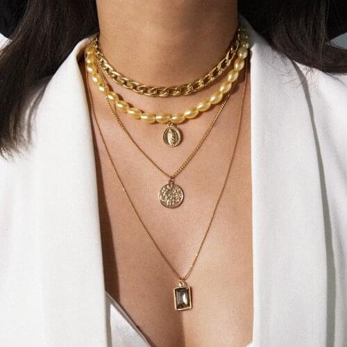 Vintage Colorful Imitation Pearls Figure Square Gem Pendant Necklace Women Temperament Multilayer Geometric Necklace Jewelry