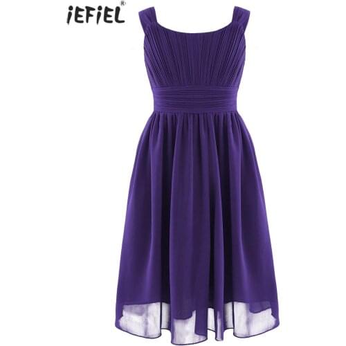 Kids Girls Chiffon Flower Girls Dress Elegant Wedding Bridesmaid Birthday Party Dress Teens Sleeveless Pleated Dress Clothes
