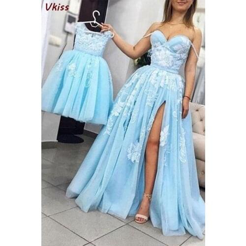 Light Blue Prom Dresses For Mother And Daughter 2020 Split Tulle Evening Party Wear Gowns New Collection Long Vestidos De Festa
