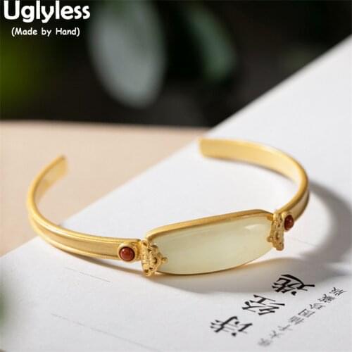 Uglyless Natural Rectangle Square Jade Bangles for Women Simple Fashion Minimalist Dress Jewelry Agate 925 Silver Flat Bangles