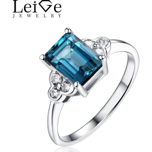 Leige Jewelry Sterling Silver London Blue Topaz Ring Natural Gemstone Wedding Promise Rings for Women Emerald Cut Fine Jewelry