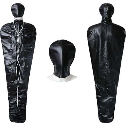 Unisex Sex Bondage Patent Leather Full Body Binder Sack Bag with Straps Full Face Hood Fetish Mummification Catsuit Sex Products