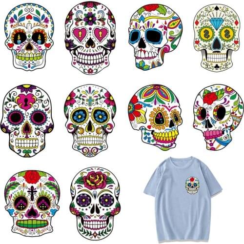 Punk Skull Patches Patch Iron Transfer for Kid Clothes DIY T-shirt Jacket Washable Stickers Applique Thermal Press for clothes