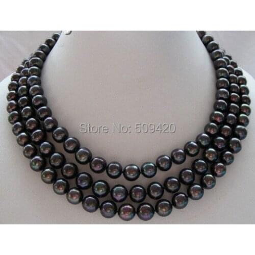 Gorgeous 3strands genuine 10mm round black freshwater pearls necklace