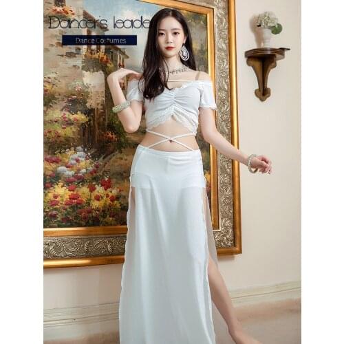 Belly Dance Practice Clothes White V-neck Blouse Split Long Skirt Woman Adult Elegant Oriental Dance Performance Costume