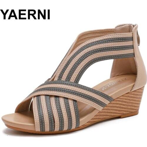 YAERNI Casual Open Toe Platform Sandals Women 2021 Cross Strap Gladiator Wedges Heels Shoes Woman Rear Zipper Summer Sandalias