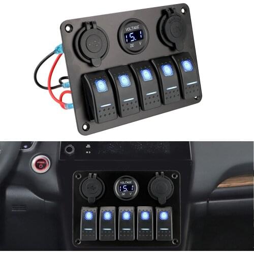 12/24V Outlet Combination Dual USB Slot Socket Waterproof Digital Voltage With Fuse 5 Gang LED Rocker Switch Panel