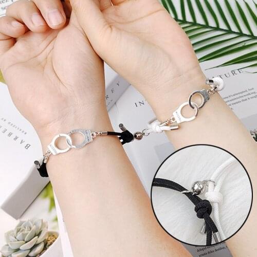 2 Pcs Couple Magnetic Bracelet Charms Handcuff Lovers Long Distance Love Bracelet for Men Women Best Friend Statement Jewelry